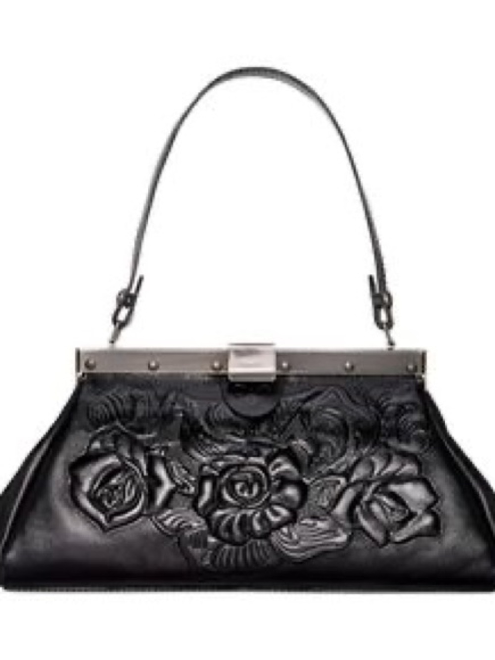 VTG PATRICIA NASH Black Rose Tooled Leather Ferrara Framed Purse Satchel EUC!